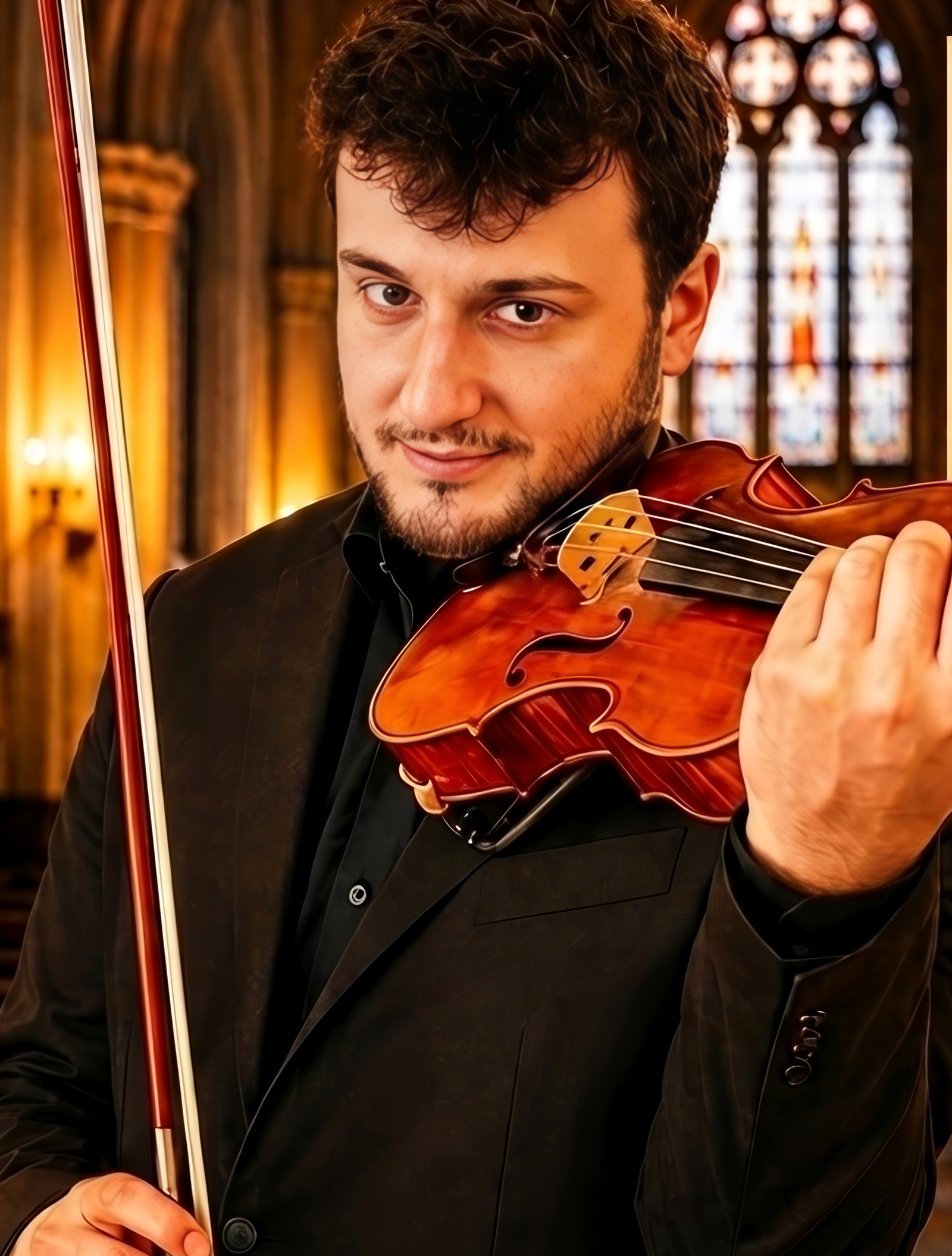 Glenn Zuili, violoniste, dans l'église, son violon à l'épaule